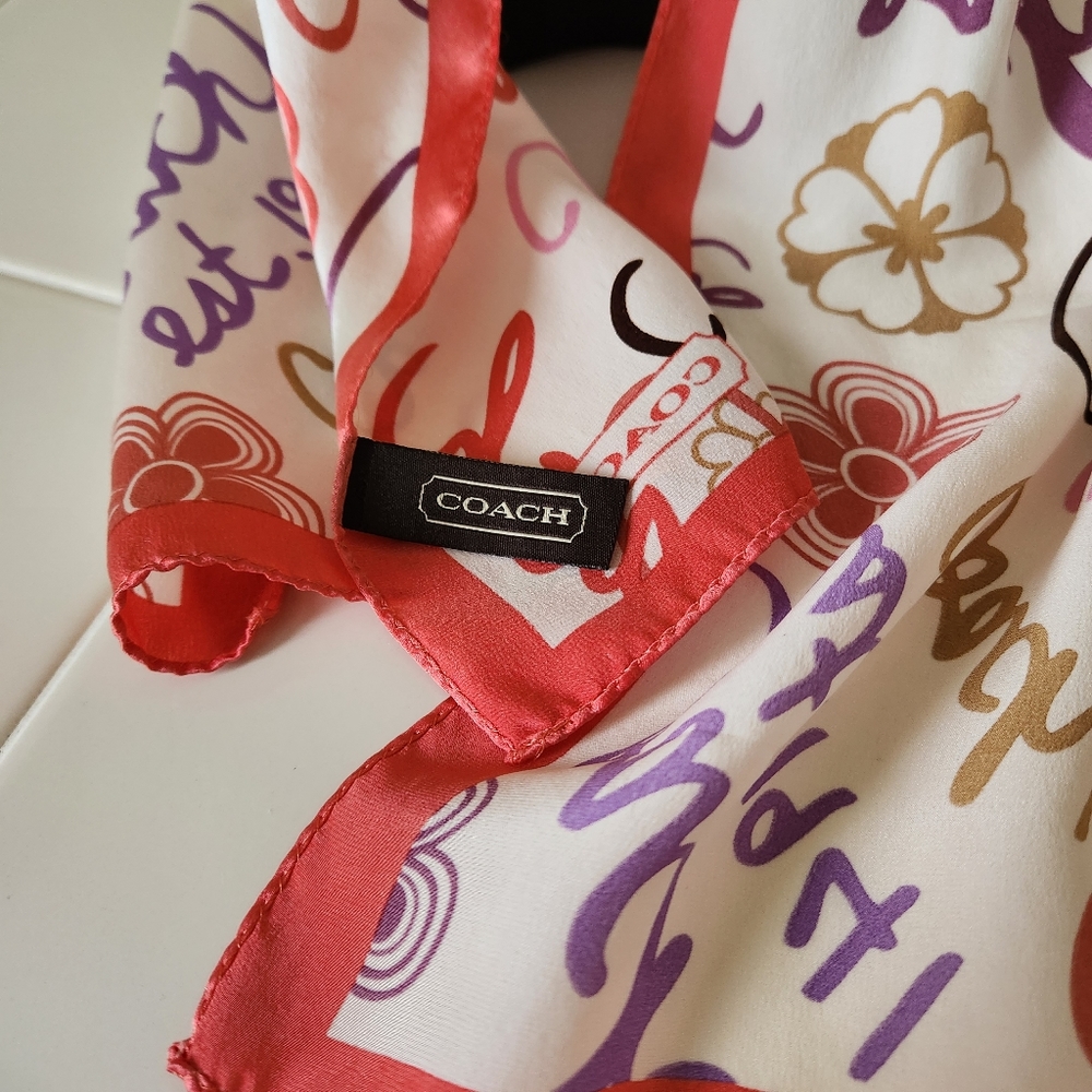 COACH 100% Silk Scarf Vintage Script Monogram Floral Red White - Picture 4 of 8